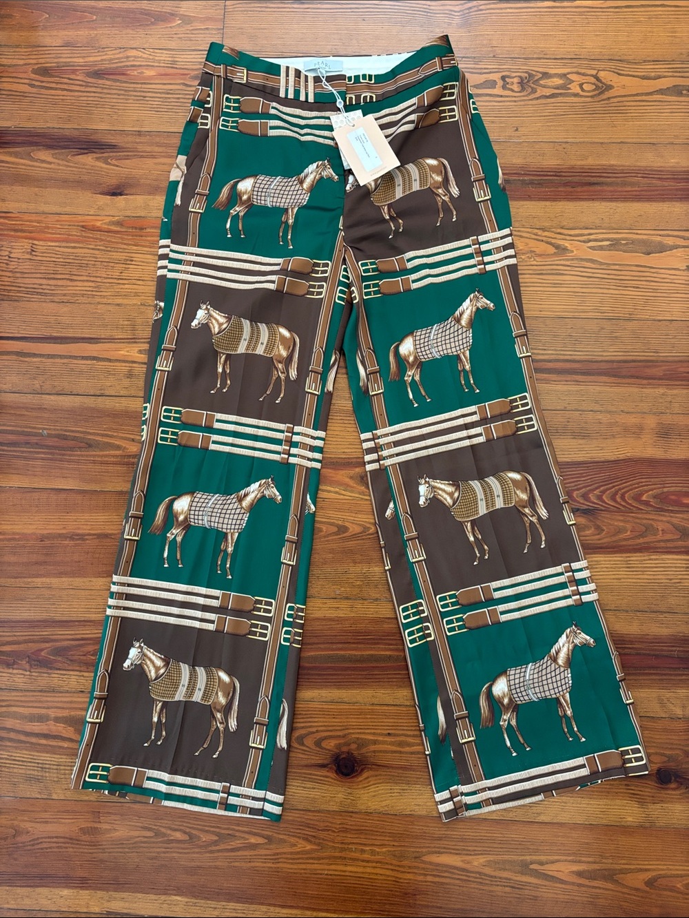 Pearl Green & Brown Horse-Print Wide-Leg Pants